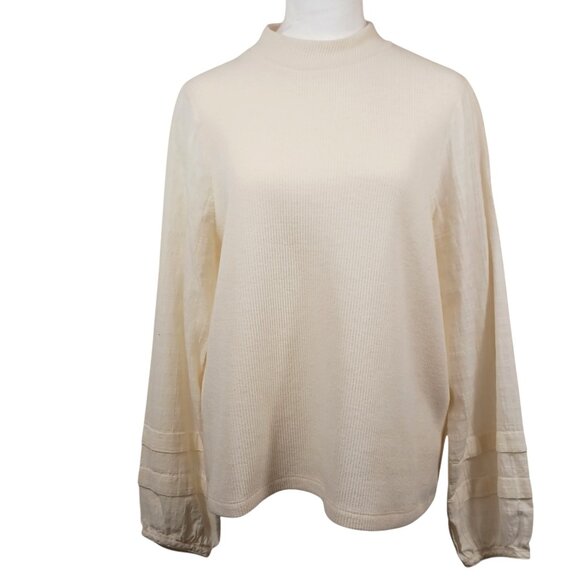 Madewell Tops - Madewell, Ivory, Weave Mix, Mock Neck, Bubble Sleeve Top, SZ Large, Style NC638